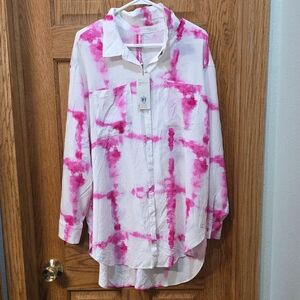 CALIA SWIM Pink & White Tie-Dye Button-Up Shirt Cover UP NWT Size XL